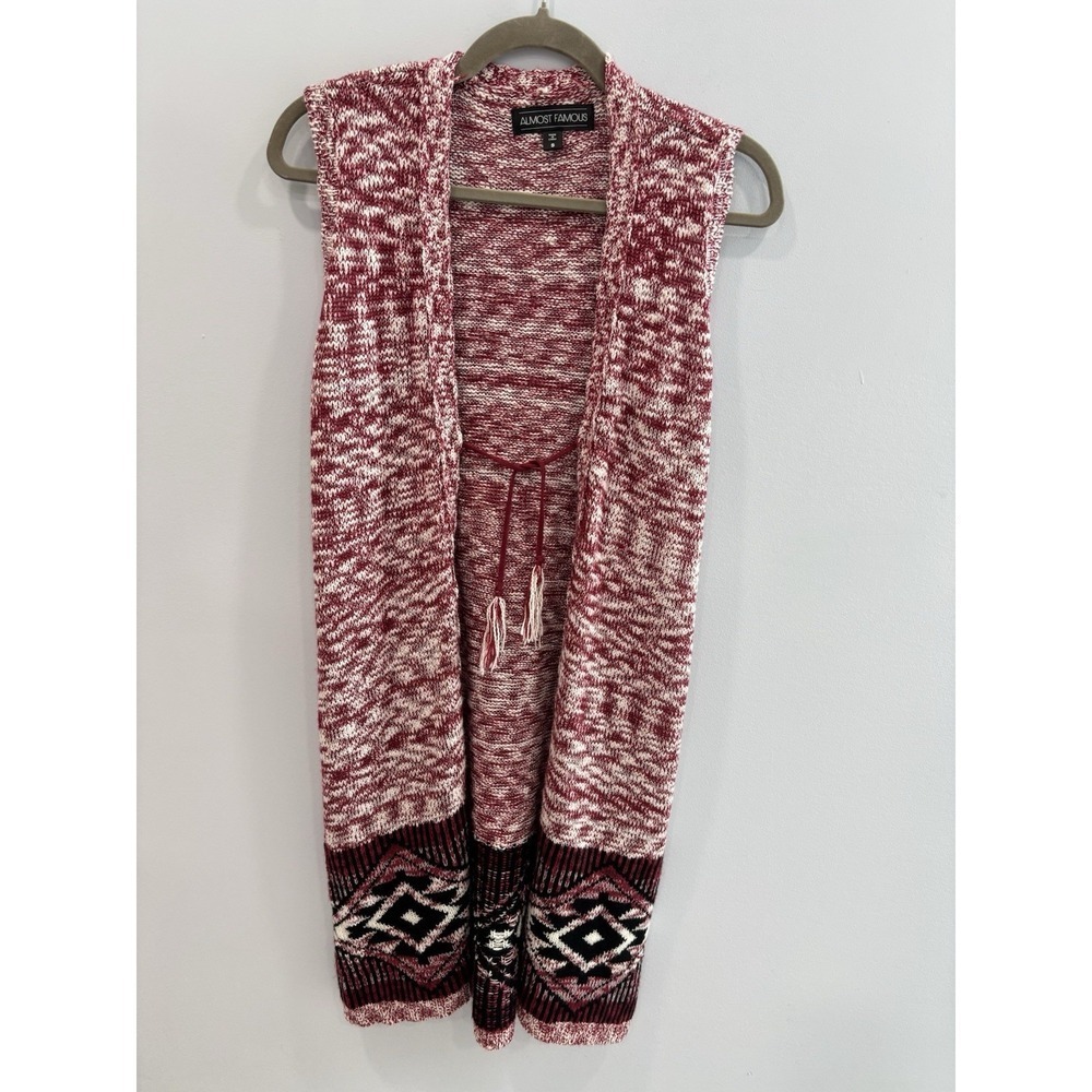 Almost Famous Boho Knit Duster Vest Cardigan S Red Aztec Open Front Cozy Fall